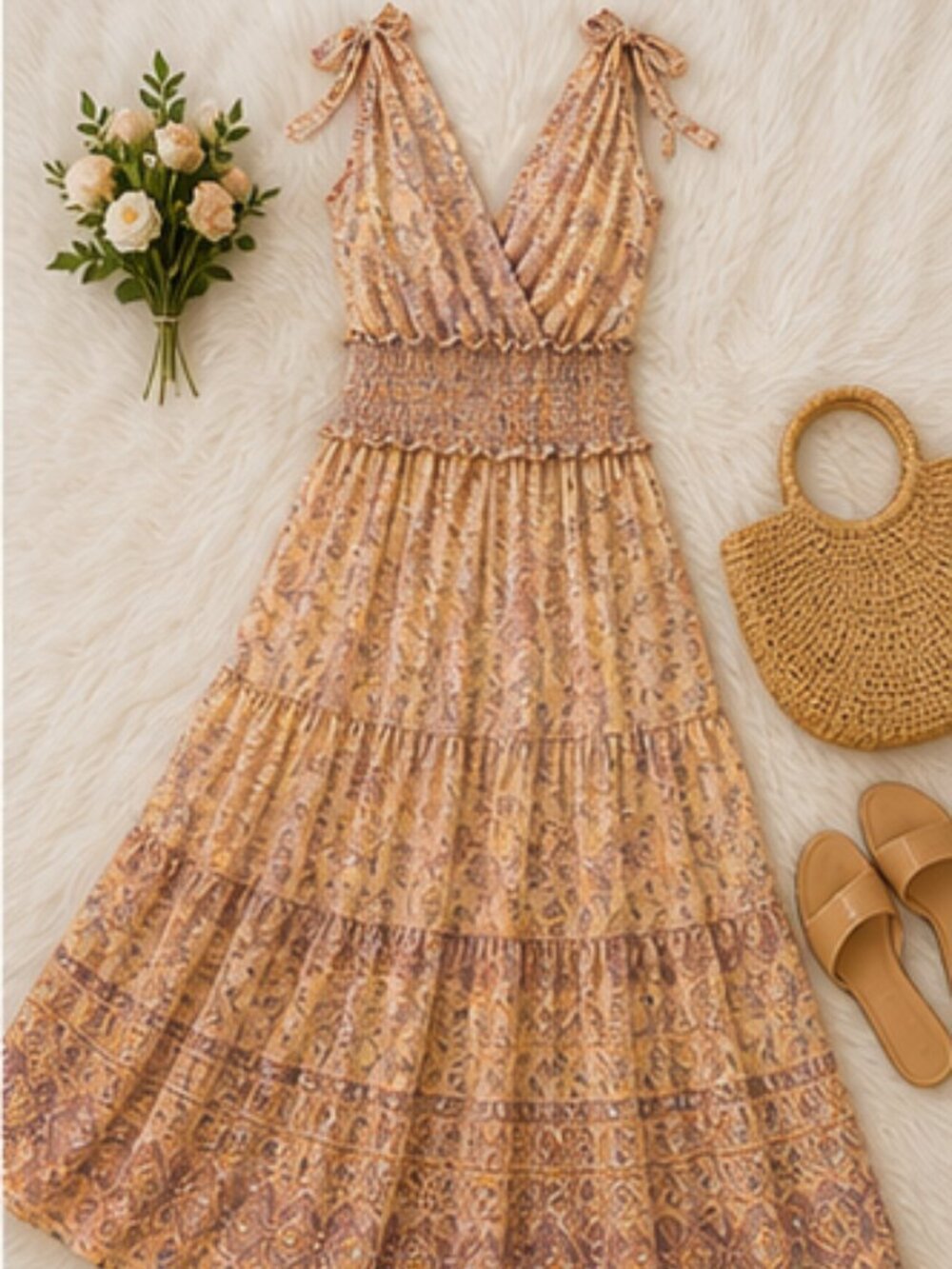 Cottagecore Romantic Floral Maxi L Yellow Sleeveless Tiered Flowy Taylor